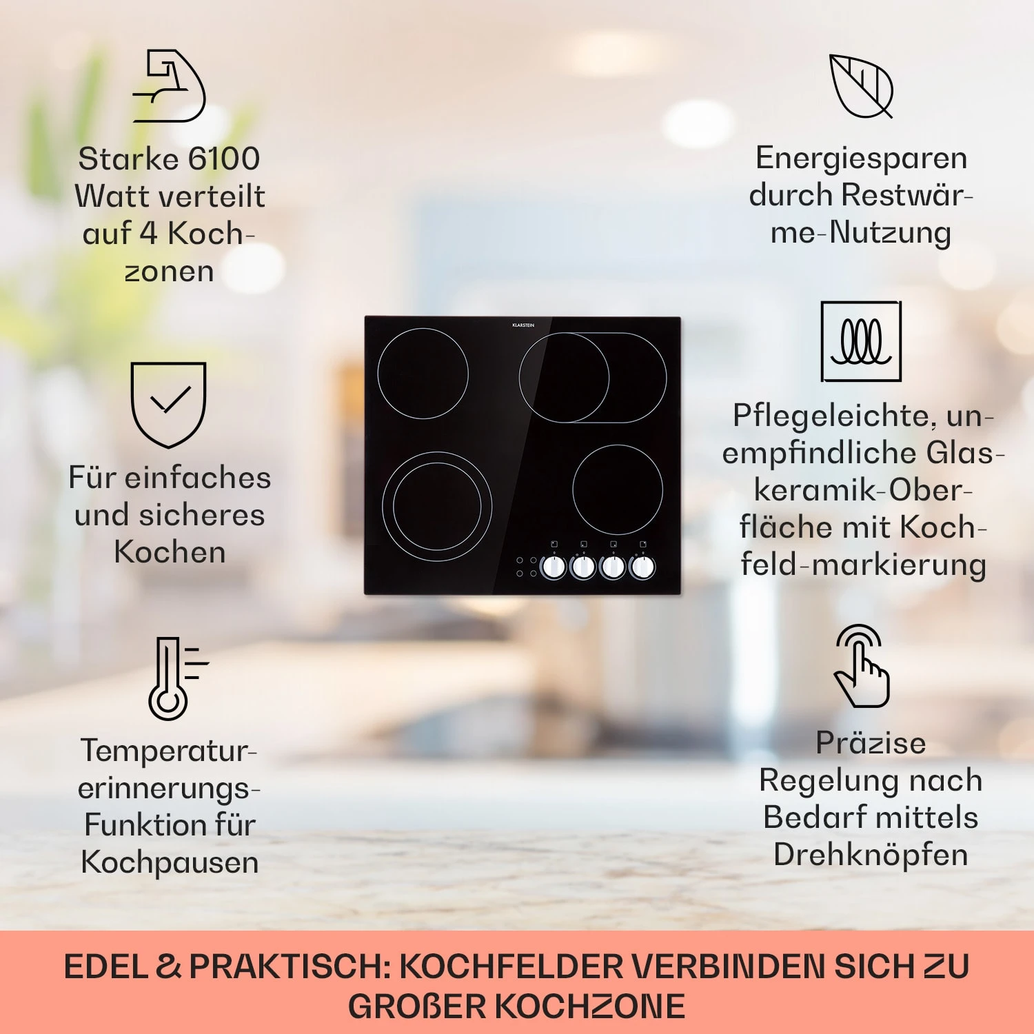 EasyCook Keramikkochfeld 6100W Drehregler Schwarz 4 EasyCook Keramikkochfeld 6100W Drehregler Schwarz - Image 2