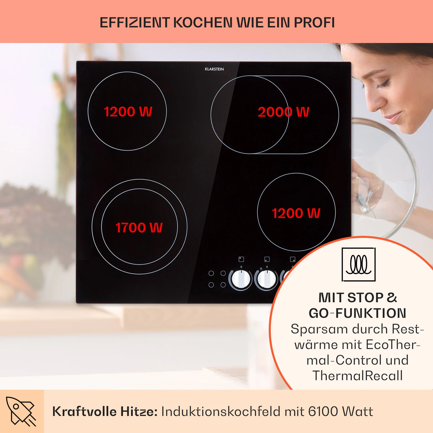 EasyCook Keramikkochfeld 6100W Drehregler Schwarz 5 EasyCook Keramikkochfeld 6100W Drehregler Schwarz - Image 3