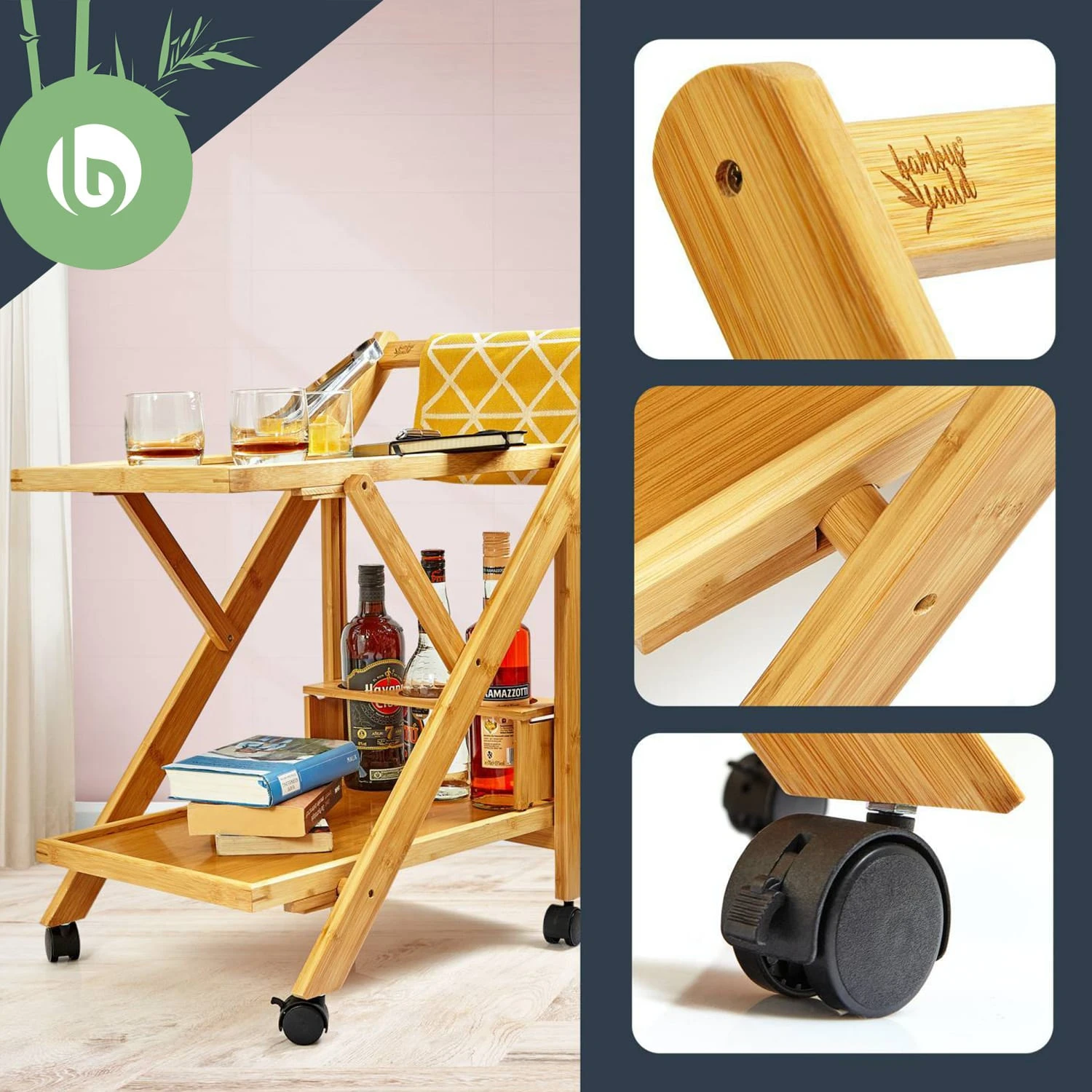 Servierwagen 2 Etagen 4 Rollen 66x70x40,5cm (BxHxT) Bambus 4 Servierwagen 2 Etagen 4 Rollen 66x70x40,5cm (BxHxT) Bambus - Image 2