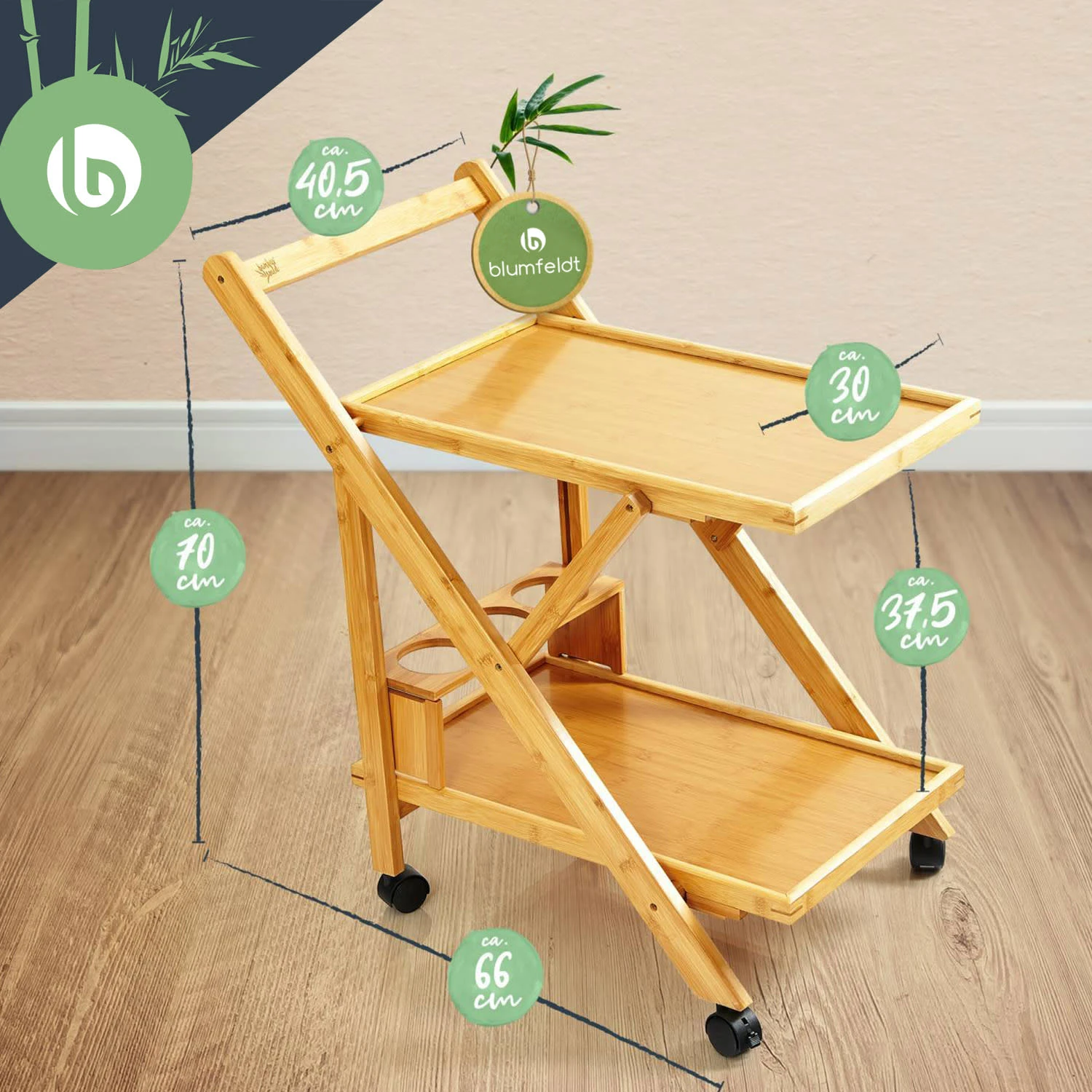 Servierwagen 2 Etagen 4 Rollen 66x70x40,5cm (BxHxT) Bambus 8 Servierwagen 2 Etagen 4 Rollen 66x70x40,5cm (BxHxT) Bambus - Image 6