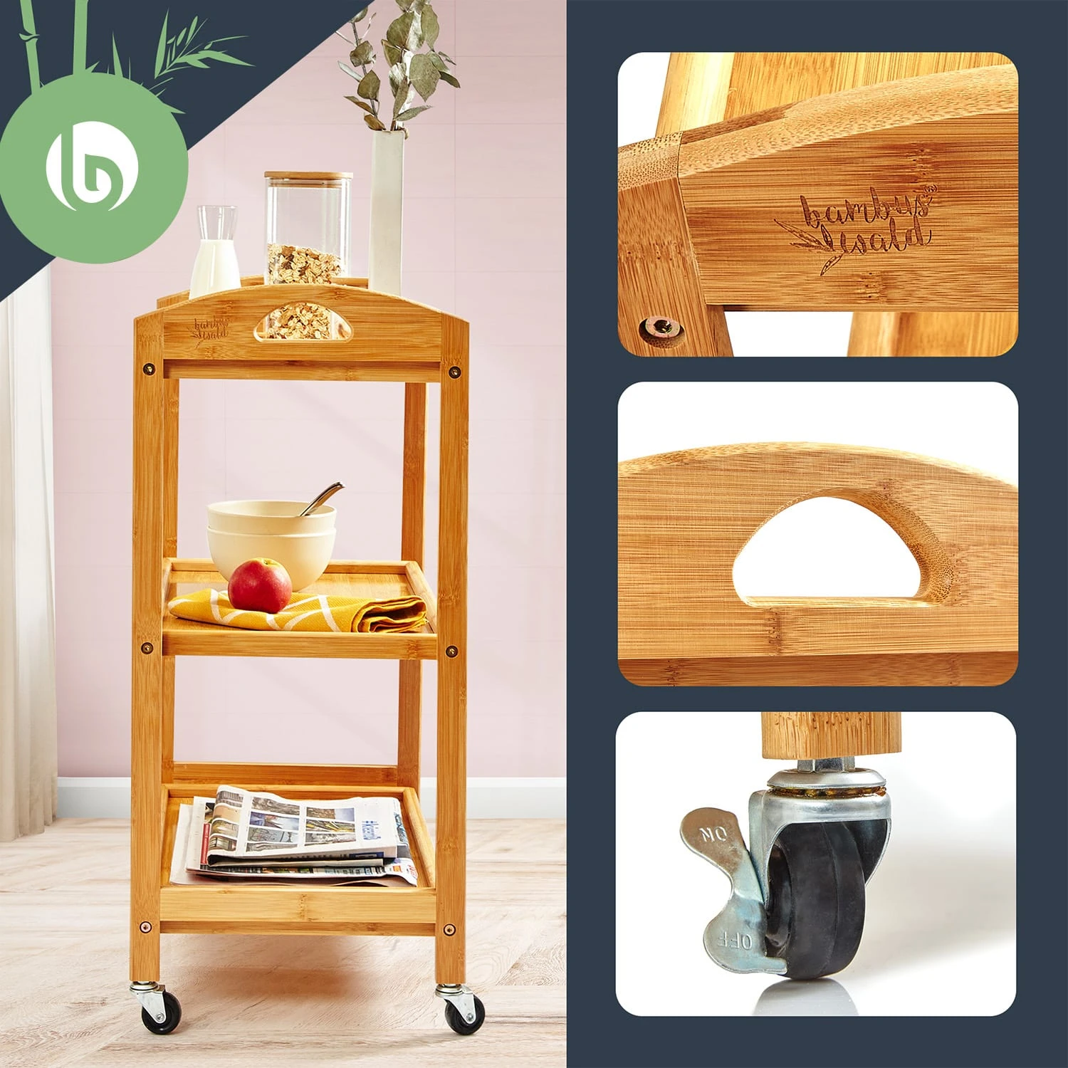 Servierwagen 3 Etagen 4 Rollen 60x74,5x33,5 Cm (BxHxT) Bambus 4 Servierwagen 3 Etagen 4 Rollen 60x74,5x33,5 Cm (BxHxT) Bambus - Image 2