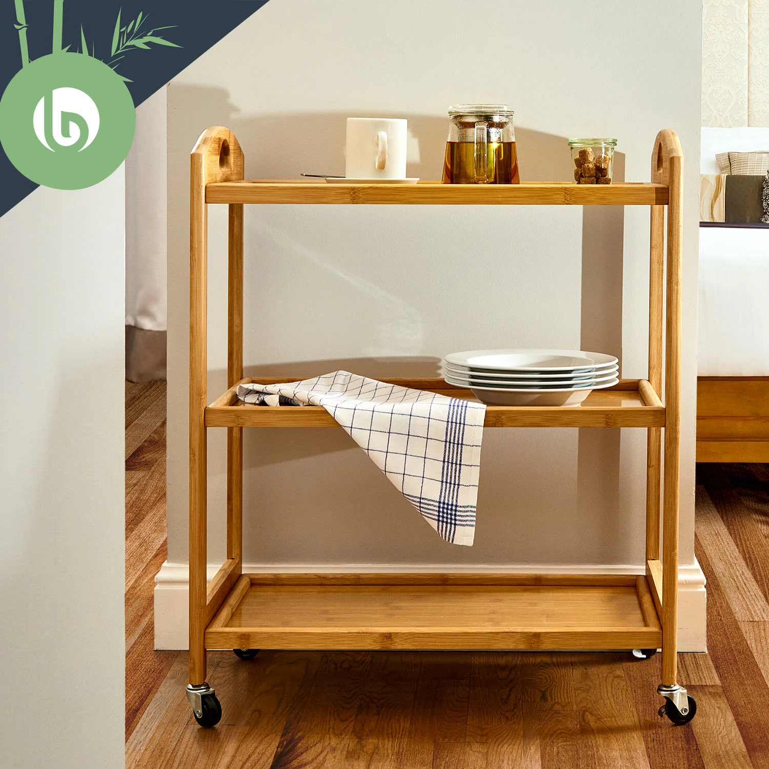 Servierwagen 3 Etagen 4 Rollen 60x74,5x33,5 Cm (BxHxT) Bambus 5 Servierwagen 3 Etagen 4 Rollen 60x74,5x33,5 Cm (BxHxT) Bambus - Image 3