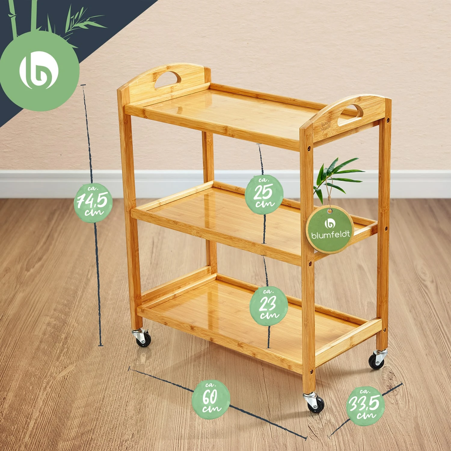 Servierwagen 3 Etagen 4 Rollen 60x74,5x33,5 Cm (BxHxT) Bambus 8 Servierwagen 3 Etagen 4 Rollen 60x74,5x33,5 Cm (BxHxT) Bambus - Image 6