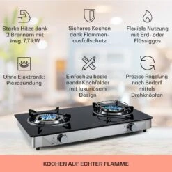 Barzona 2 Campingkocher 2 Brenner 3,4 & 4,3 KW Glasplatte Edelstahl -kitchentools Verkäufe 10040044 de 0002 usp