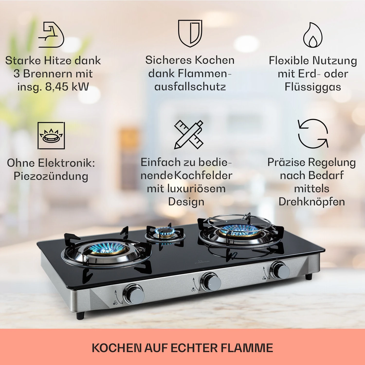 Barzona 3 Campingkocher 3 Brenner 3,4 KW & 0,75 KW & 4,3 KW Glasplatte & Edelstahlgehäuse 4 Barzona 3 Campingkocher 3 Brenner 3,4 KW & 0,75 KW & 4,3 KW Glasplatte & Edelstahlgehäuse – Bild 2