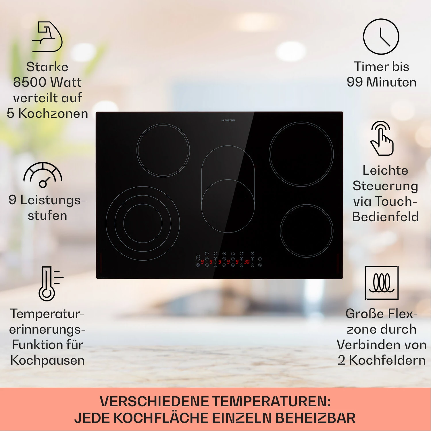 Virtuosa 5 Einbaukochfeld 5 Zonen 8500W Glaskeramik 4 Virtuosa 5 Einbaukochfeld 5 Zonen 8500W Glaskeramik - Image 2