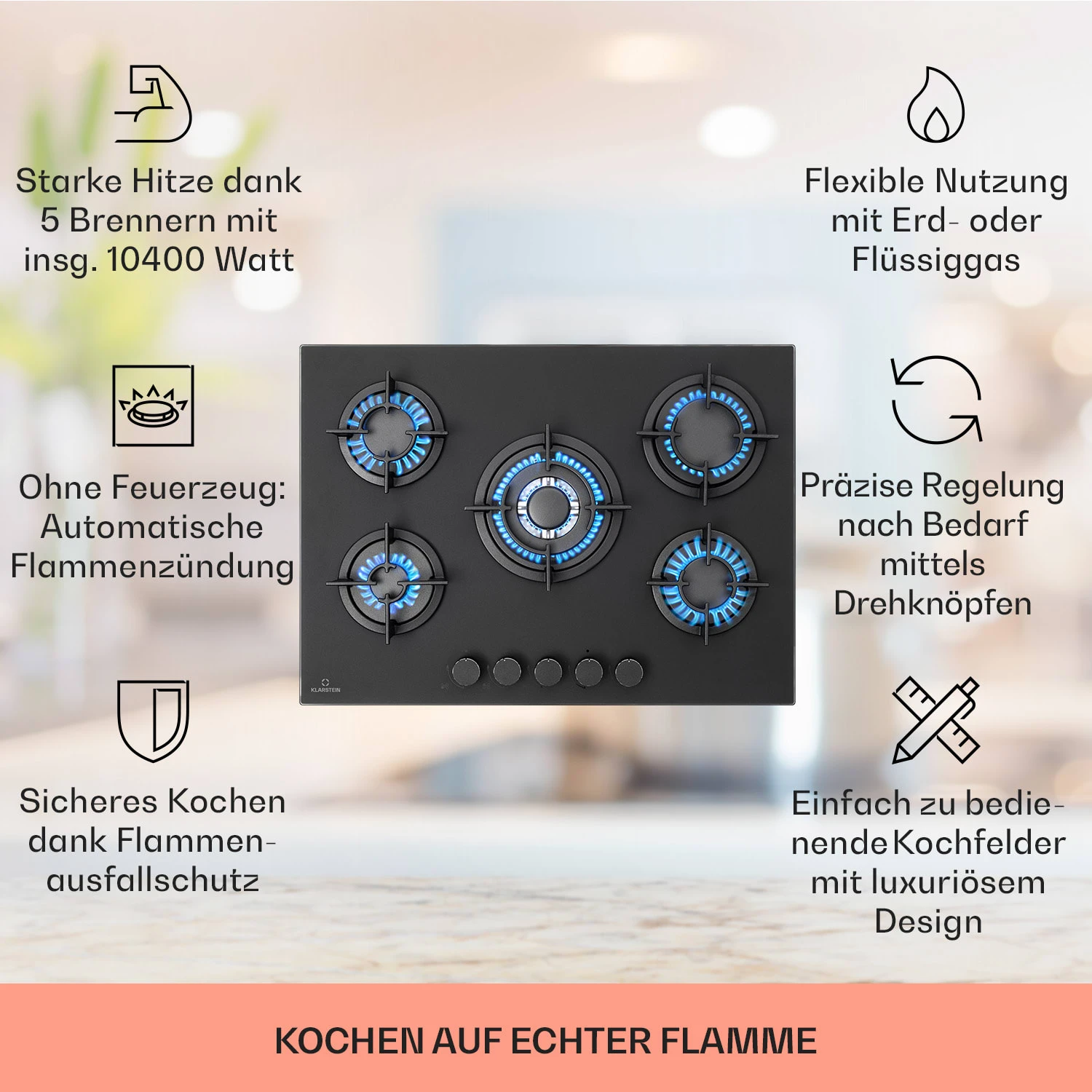 Firetale Gaskochfeld 5-flammig 70 Cm Aluminium-Brenner Inkl. Schlauch Und Druckminderer 4 Firetale Gaskochfeld 5-flammig 70 Cm Aluminium-Brenner Inkl. Schlauch Und Druckminderer - Image 2